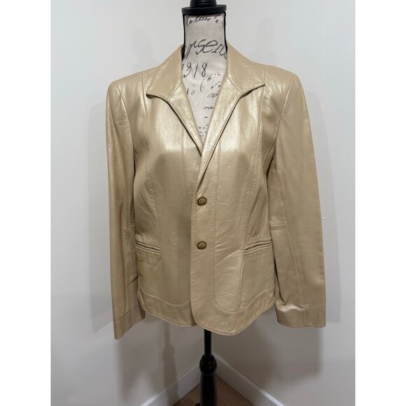 Jones New York Metallic Gold Leather Jacket Blazer Size Large - Picture 1 of 8